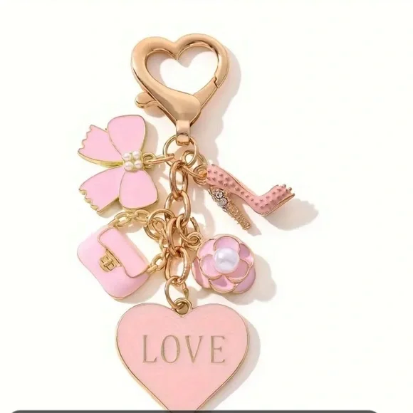 Pink Mini Bag Charm Keychain - Adorable Metal Round Love Theme Keyring - Picture 3 of 5